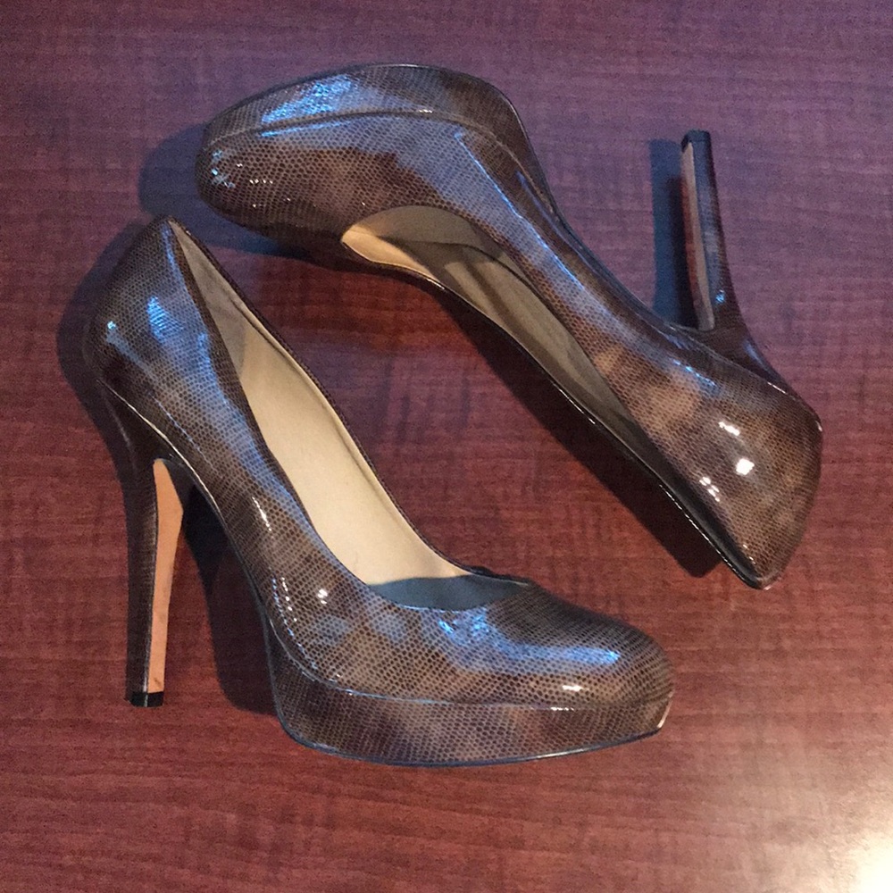 Brown snakeskin patent heels
